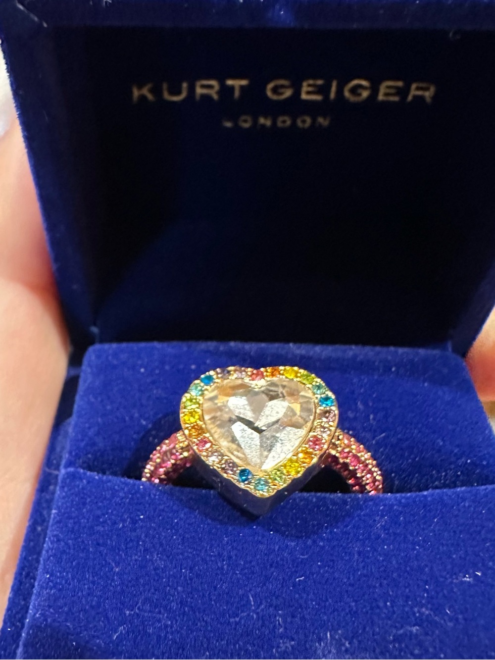 Kurt Geiger Pink Heart Crystal Ring with Multicolor Halo